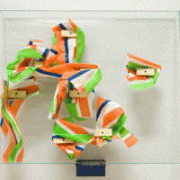 Trim, 2007,
nylon webbing and wood blocks in glass box,
30 1/2 x 36 1/2 x 5 1/2 inches
