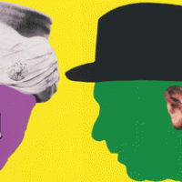 Noses & Ears, Etc.: Two Profiles,
One with Nose and Turban (B&W);
One with Ear (Color) and Hat, 2006,
2-layer, 12-color screenprint construction,
34 3/4 x 56 3/4 x 3 inches,
edition of 45, © Gemini G.E.L. and John Baldessari