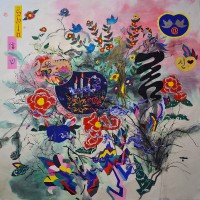 Jiha Moon, The Letter Shin, 2011, ink, acrylic, embroidery, fabric on Hanji paper, 59 x 59 inches