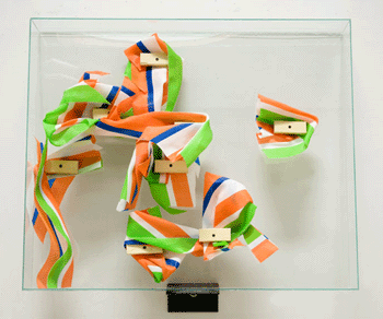 Trim, 2007,  nylon webbing and wood blocks in glass box,  30 1/2 x 36 1/2 x 5 1/2 inches